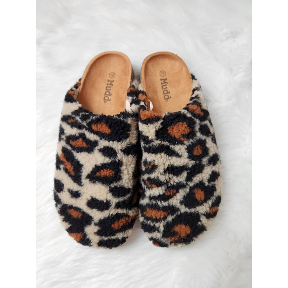 Mudd Womens Mule Slipper Brown Beige Leopard Print Faux Fur Slip On 10